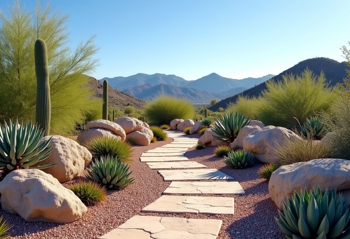 Residential backyard in Catalina Foothills after a professional yard cleanup, showcasing neatly trimmed bushes, cleared debris, and a well-maintained desert landscape