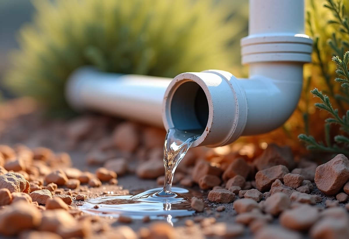Close-up of a damaged irrigation pipe leaking water onto a dry residential landscape in Catalina Foothills, highlighting the need for irrigation repair services.