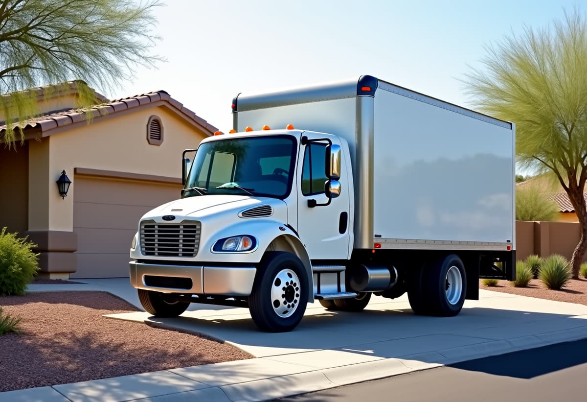 Junk removal truck parked in front of a residential house in Casas Adobes, ready for yard cleanup and debris removal