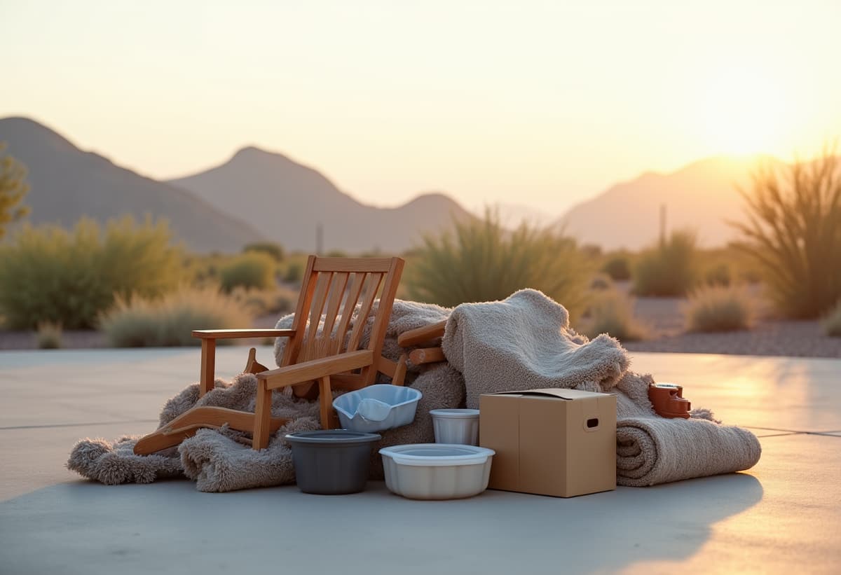 Residential exterior home with junk piles and debris ready for cleanup in Tucson