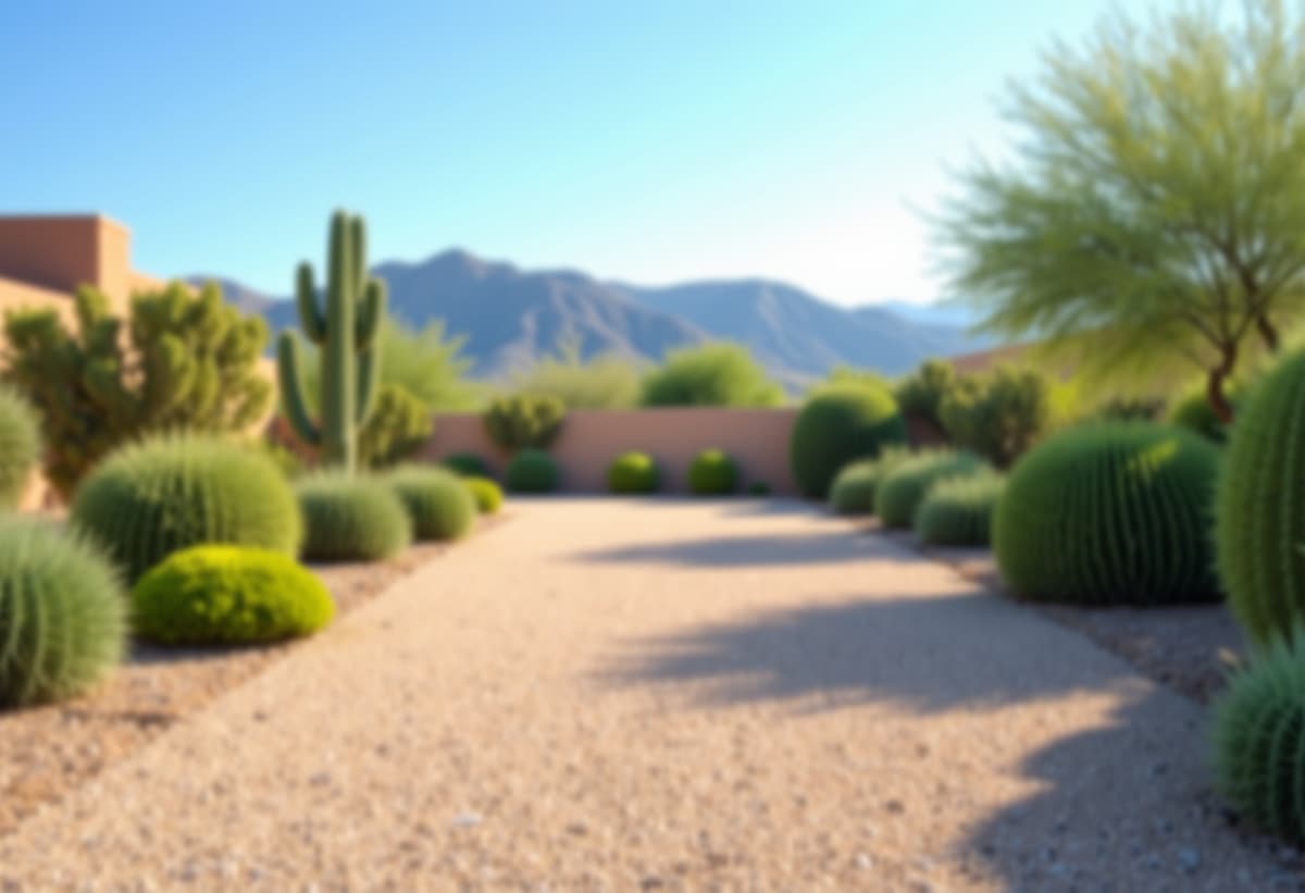 Residential yard cleanup in Casas Adobes, showing a clean, well-maintained desert landscape with mountains in the background.