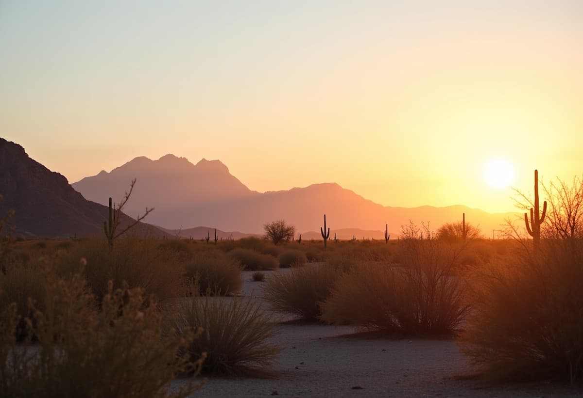 Panoramic view of Saddle Brook desert landscape with mountains and clear skies