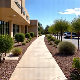 Commercial property in Marana after post-monsoon debris removal and cleanup, showing a pristine and well-ordered landscape. This transformation highlights effective debris hauling, restoring the commercial property