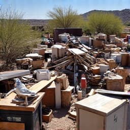 Backyard filled with construction debris and household junk before removal in Oro Valley neighborhood, showing a challenging cleanup task.