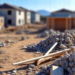 Construction site in Vail, AZ, before debris removal, showing piles of wood scraps, concrete, and various building materials. This image depicts a new build property requiring thorough post-construction cleanup and waste disposal.