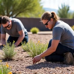 Landscaping crew working on a new desert garden design in Casas Adobes.