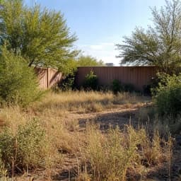 Overgrown yard before cleanup in Casas Adobes, near Foothills Mall. A residential property with dense weeds, accumulated debris, and unmaintained landscaping.