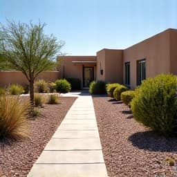 Neatly manicured residential yard in Casas Adobes after professional cleanup. The landscape is tidy with clear pathways, showcasing effective yard maintenance and debris removal services.