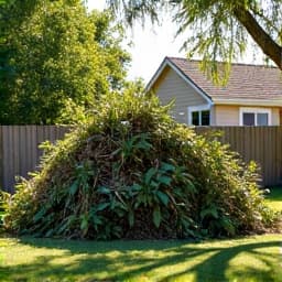Large pile of green waste debris in a Marana backyard before hauling. This image captures a large accumulation of green waste and general yard debris in a Marana residential backyard, awaiting professional removal and hauling services for curb appeal restoration. 
