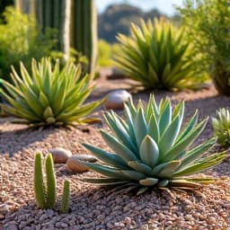 Desert landscaping after, with vibrant, healthy plants and fresh ground cover