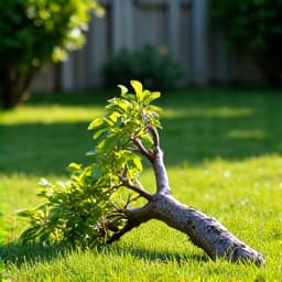 Before: Backyard in Green Valley with storm-damaged large fallen tree branches. The image depicts a residential yard in Green Valley, AZ, after a storm, with several heavy tree branches broken off and scattered across the lawn and patio.