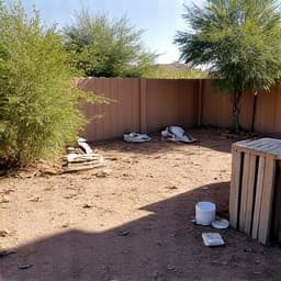 Before image of a Rita Ranch yard filled with construction debris and junk, ready for professional junk removal services in Tucson, AZ.