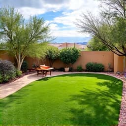 A restored Tucson backyard after monsoon storm cleanup, showing a neat and safe outdoor living space, free of debris.