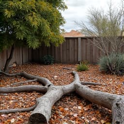 A Tucson backyard damaged by monsoon storms, with fallen branches and debris, before professional storm cleanup services.
