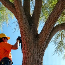Marana tree trimming in progress. A professional landscaper in Marana, AZ, actively trimming a tree, with branches partially cut and equipment visible, enhancing the property