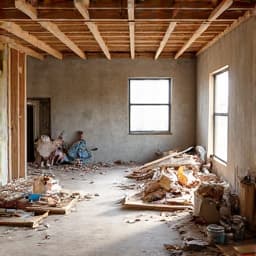 Construction site with debris before cleanup in Oro Valley. This image features a construction area littered with wood scraps, concrete, and various building materials, illustrating the need for debris hauling.
