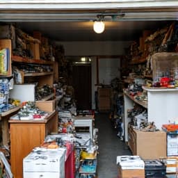 Garage full of old household items and clutter before estate cleanout in Oro Valley. This image shows a packed garage space, indicating a significant estate cleanout task.