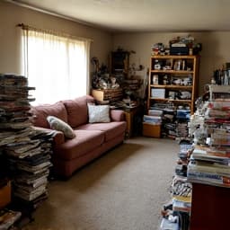 Living room full of inherited furniture and boxes before estate cleanout in Oro Valley. This image displays a living room overwhelmed with items, typical before an estate cleanout.