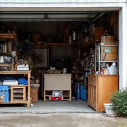 Cluttered garage before estate cleanout in Oro Valley. This image captures a garage filled with various items, furniture, and boxes, typical of an estate cleanout project.
