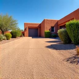 Completed gravel driveway at an Oro Valley adobe home, providing a clean, functional, and aesthetically pleasing entrance.