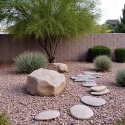 Complete gravel and rock garden in Oro Valley after installation, creating a serene desert oasis with varied textures and drought-resistant flora.