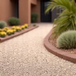 Precision gravel path installation at a traditional Oro Valley adobe home, demonstrating expert hardscaping for aesthetic appeal and water runoff.