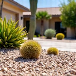 Stunning newly landscaped front yard in Oro Valley after completion, featuring vibrant native plants, fresh gravel, and a welcoming entrance.