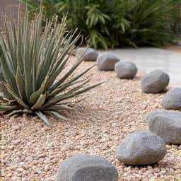 After rock yard landscaping in an Oro Valley home, featuring a modern desert design with strategically placed rocks and drought-tolerant plants.