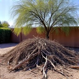 Overgrown yard with branches and leaves before cleanup in Oro Valley. This image depicts a backyard covered in fallen branches, leaves, and general yard waste, requiring professional yard cleanup.
