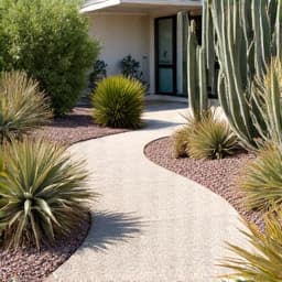 Clean Desert Landscape in Tucson. A transformed desert landscape with neatly arranged rock features, healthy native plants, and clear pathways, showcasing professional yard cleanup and landscaping in Tucson, AZ.