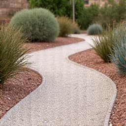 Gravel Pathway Installation in Tucson. A newly installed, clean gravel pathway winding through a desert garden, showcasing expert gravel installation services and enhancing property aesthetics in Tucson.