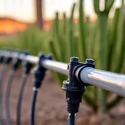 Irrigation System Repair in Tucson. A precisely repaired and fully functional drip irrigation system delivering water efficiently to desert plants, highlighting specialized irrigation repair services in Tucson, AZ.