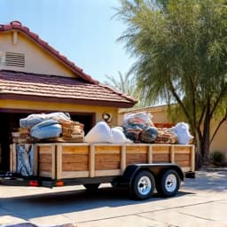 Sahuarita yard cleanup removing large debris by JB Landscaping. Workers are actively loading heavy branches and large debris into a truck, showing the physical effort involved in clearing the yard after the monsoon season.