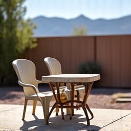 Before image of a backyard in Vail, Arizona, with old, discarded patio furniture and assorted junk, awaiting furniture removal service.