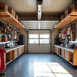 Before image of a cluttered garage in Vail, Arizona, full of old furniture, boxes, and miscellaneous junk needing a cleanout.