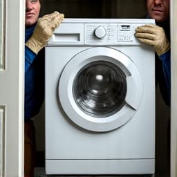 Two team members carefully maneuvering an old appliance out of a home in Vail, Arizona, demonstrating the appliance removal process.