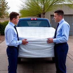 Team carefully loading a large piece of furniture into a junk removal truck in Vail, Arizona, ensuring safe and efficient hauling.