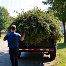 Workers collecting yard debris into bags and bins during a cleanup project in Vail, Arizona, showing tidying efforts.