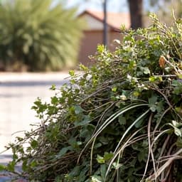 Vail residential yard debris hauling before. Before picture of a residential backyard in Vail, Arizona, cluttered with various types of yard waste, including branches, dead plants, and general refuse, indicating a need for debris hauling.