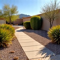 Vail yard cleanup monsoon debris removal after. After shot of the same residential yard in Vail, Arizona, now perfectly clean and cleared of all monsoon debris, showcasing a tidy and well-maintained outdoor space with landscaping intact.