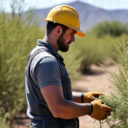 Professional landscapers removing dense brush and debris during an ongoing yard cleanup project in Tucson, AZ.