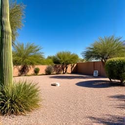 A professionally cleaned backyard in Tucson, AZ, with cleared brush, trimmed plants, and a tidy landscape after a comprehensive yard cleanup.
