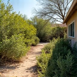 Before and after yard cleanup in Tucson, AZ, showcasing an overgrown desert property transformed into a neat, maintainable landscape.