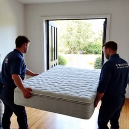 Junk removal team carrying large furniture out of home