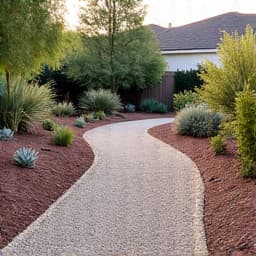 Backyard after professional cleanup in Catalina Foothills, showcasing a clean, organized space with a newly installed gravel pathway, manicured plant beds, and clear boundaries. 