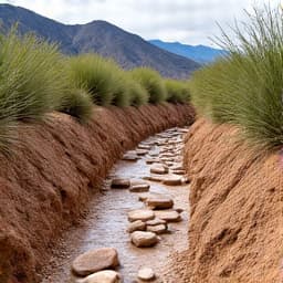 Desert wash in Catalina Foothills after clearing, featuring smoothed banks, a natural rock pathway to control water flow, and sparse, native vegetation. 