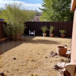 Neglected backyard before cleanup in Catalina Foothills, characterized by patches of dry weeds, scattered debris, and unmaintained plants. 