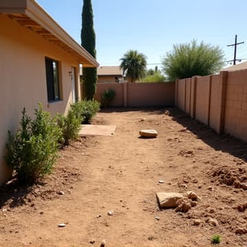 Before image of a property with overgrown desert landscaping before Bobcat grading and new gravel installation.