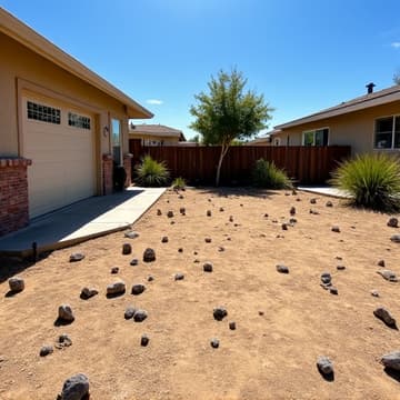 Front yard in Tucson before landscaping, showing an unkempt area that needs cleanup and rock installation.