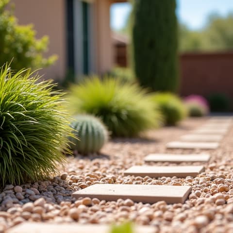 Tucson Garden Clean Out Services. A meticulously cleaned garden border, showcasing the crisp line between desert tolerant plants and a maintained walkway, reflecting high-quality landscaping services.